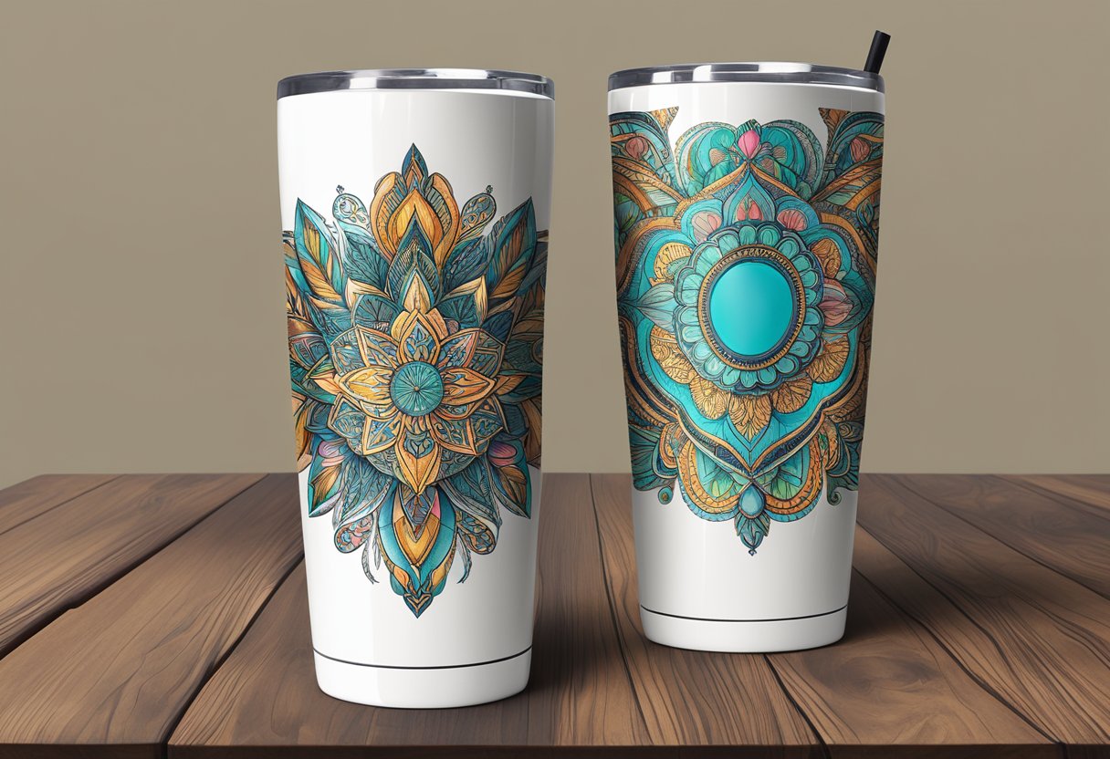A customized tumbler sits on a wooden table, adorned with vibrant colors and intricate designs. Light reflects off its glossy surface, showcasing its unique and personalized appearance