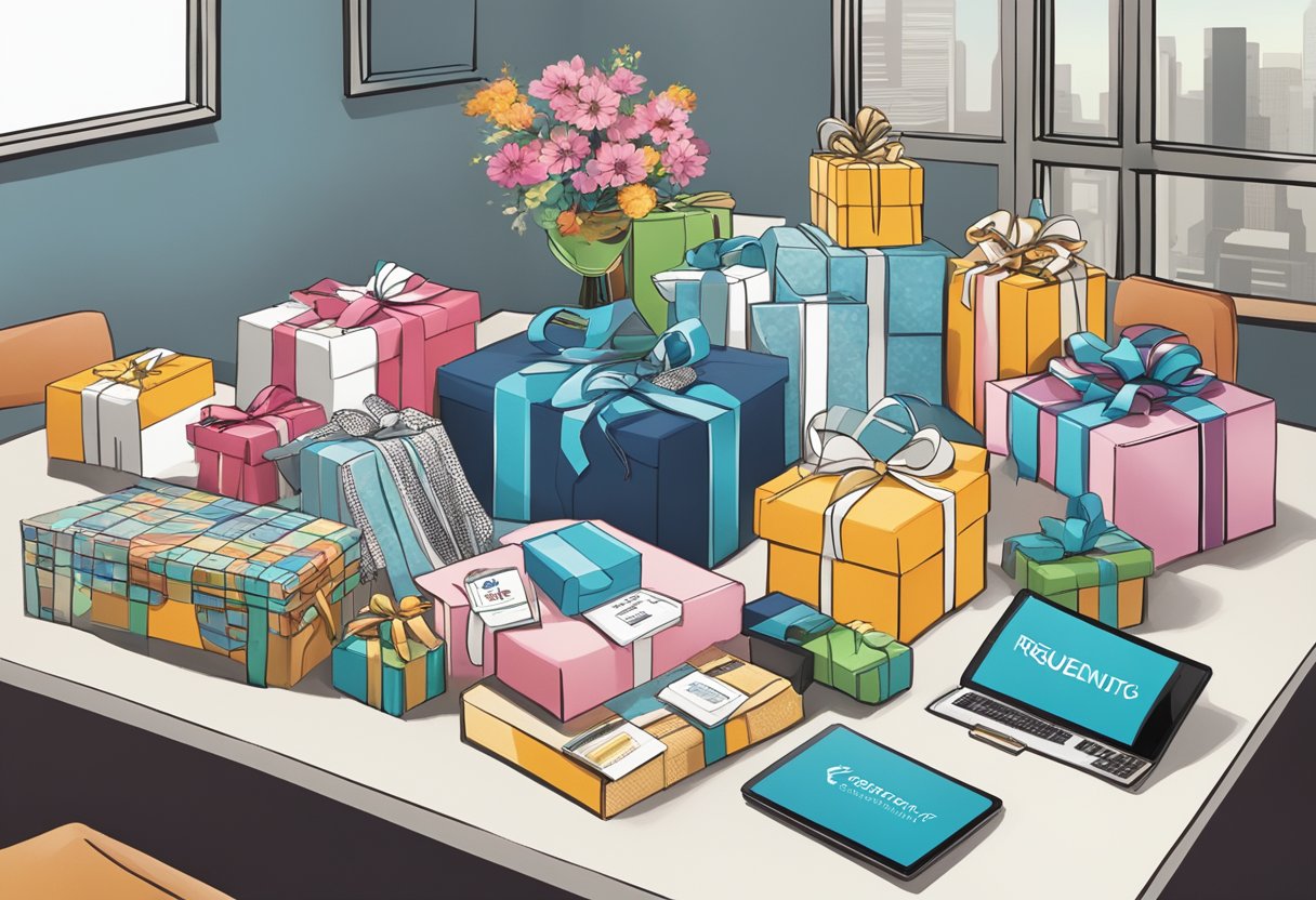 A table filled with various corporate gifts, including branded merchandise and luxury items, with a sign reading "Frequently Asked Questions trea corporate gifts" displayed prominently