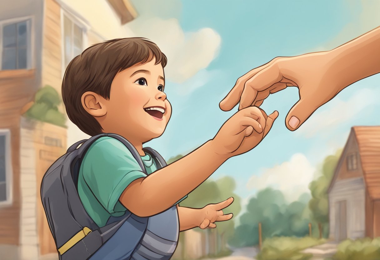 A child's hand reaching out to a parent's, with a mix of joy and sorrow in their expressions