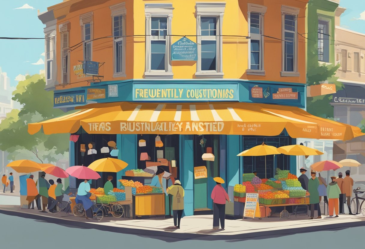 A bustling street corner with a colorful umbrella vendor surrounded by curious customers. The vendor's stand is adorned with signs displaying "Frequently Asked Questions" in bold lettering