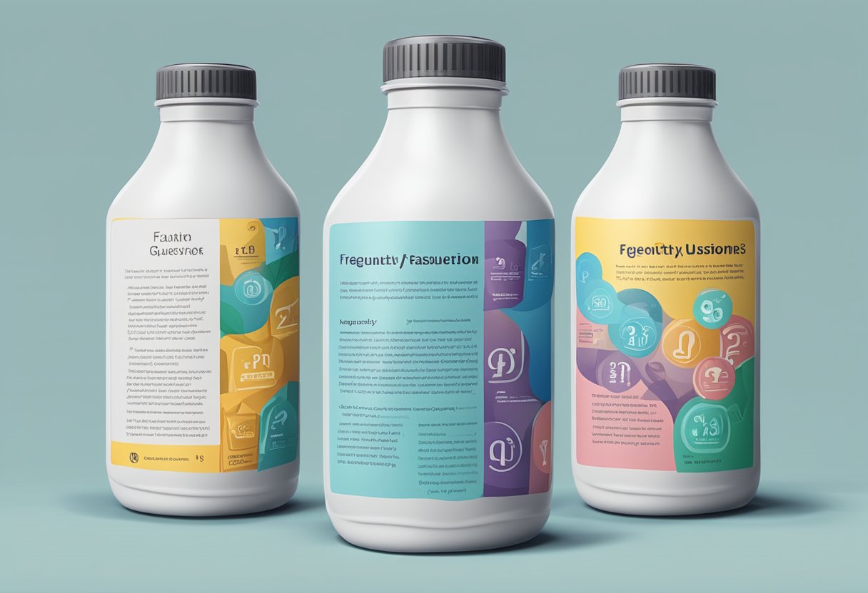 A customised bottle with "Frequently Asked Questions" text on label, surrounded by various question marks