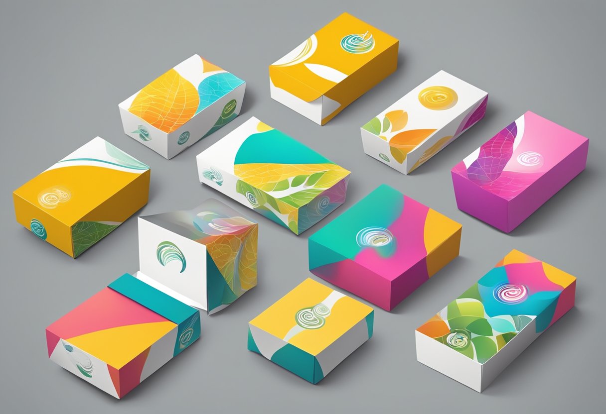 A designer creates a custom packaging box, adding logos and text, using a computer and design software