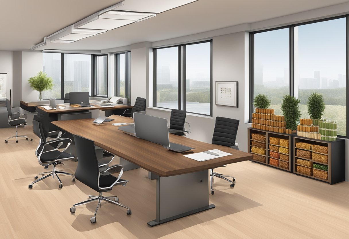 A sleek, modern office setting with a large conference table adorned with elegant gift baskets filled with gourmet spices and seasonings. The Spicemaker logo is prominently displayed on the packaging