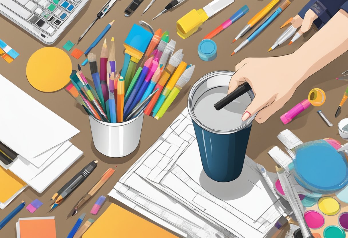 A hand reaching for a blank tumbler, surrounded by various design tools and materials, including markers, paintbrushes, stencils, and stickers