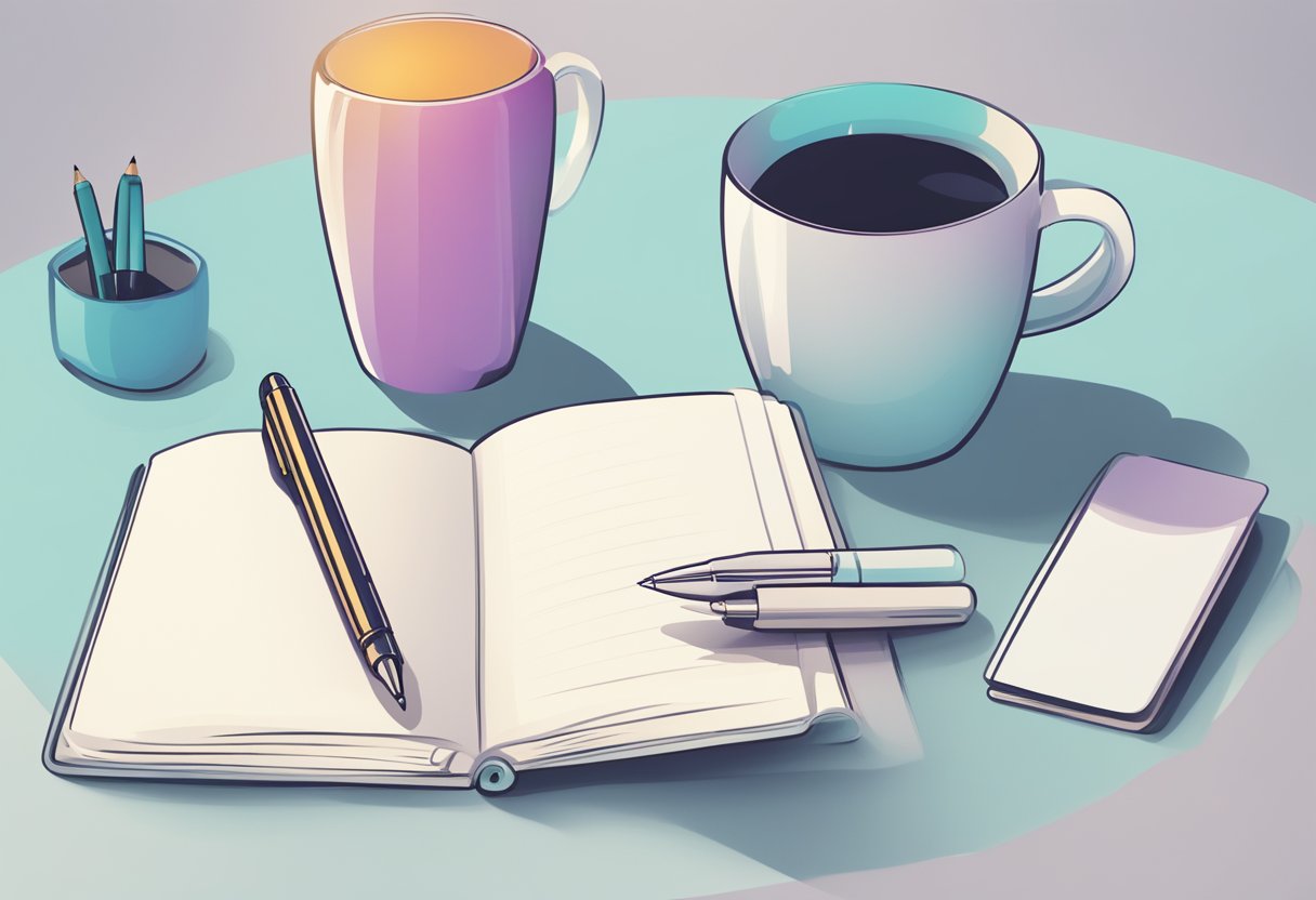 A hand reaches for a sleek pen with the company logo, next to a stack of branded notebooks and a set of custom mugs