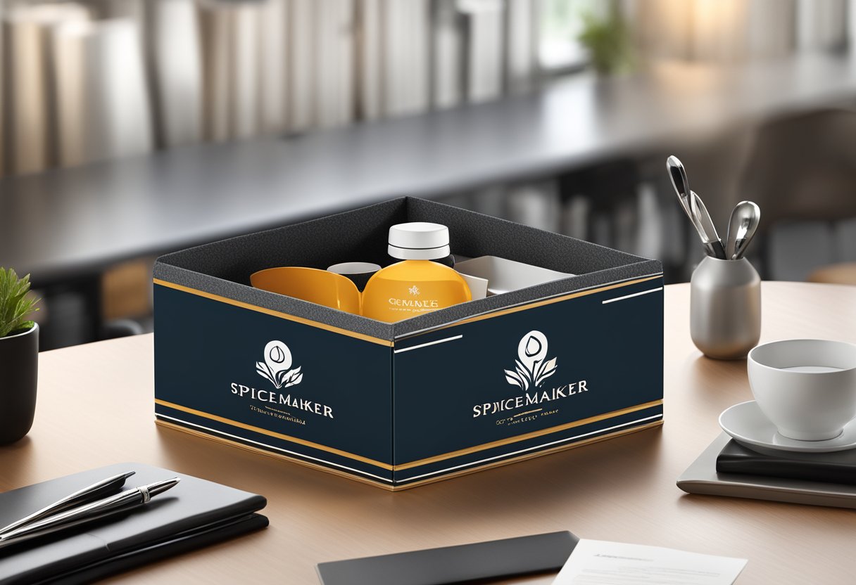 A sleek corporate gift box with the Spicemaker logo sits on a polished desk, surrounded by luxurious office decor and a professional atmosphere
