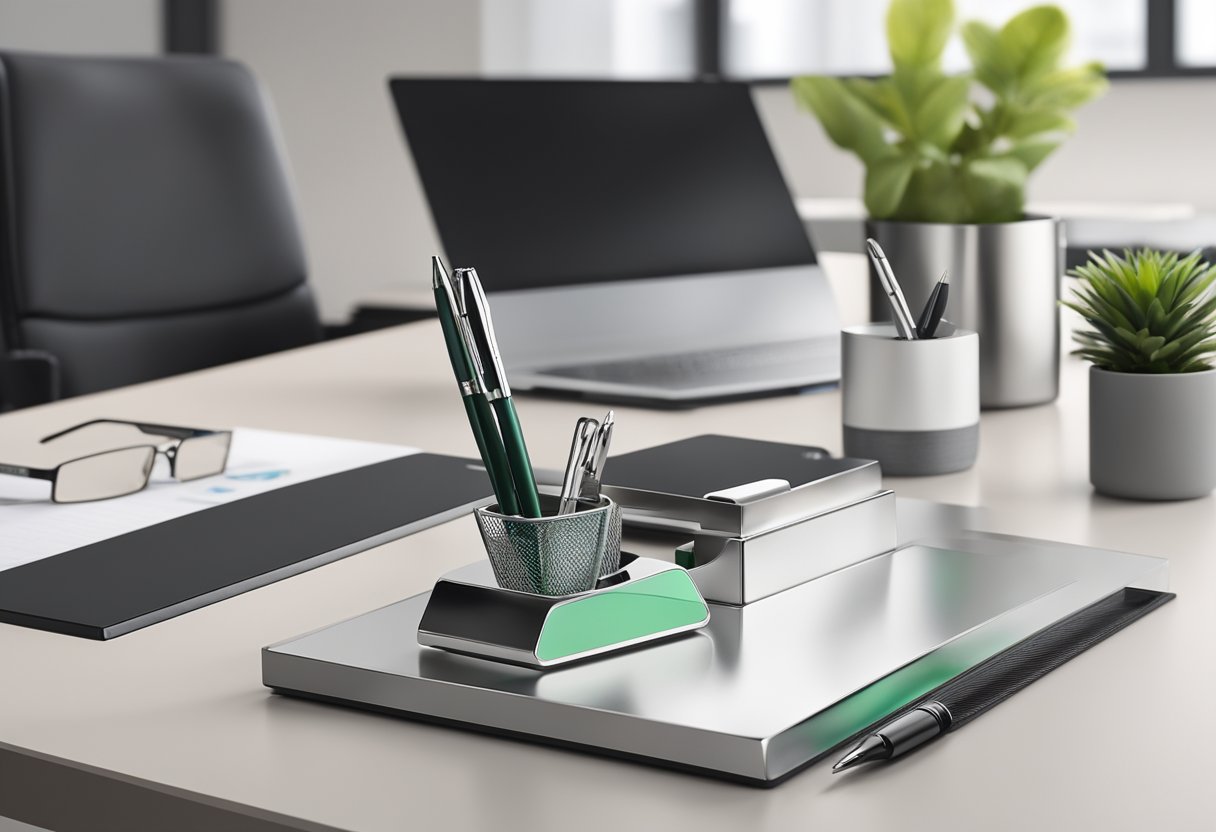 A sleek pen holder sits on a modern desk, surrounded by other corporate gifts. The holder is made of polished metal, with a logo engraved on the front