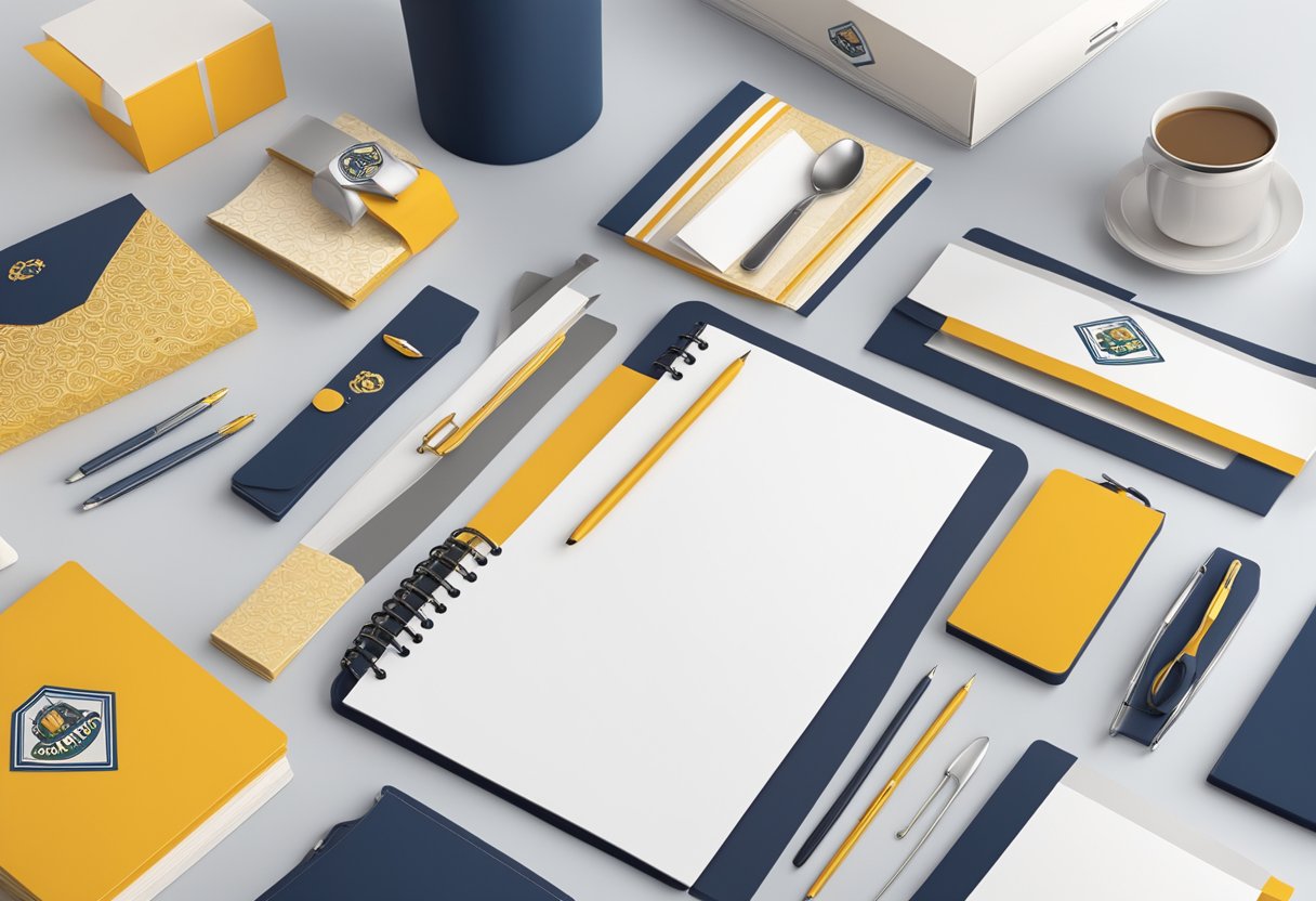 A table with branded gift items and paper products displayed for corporate customization