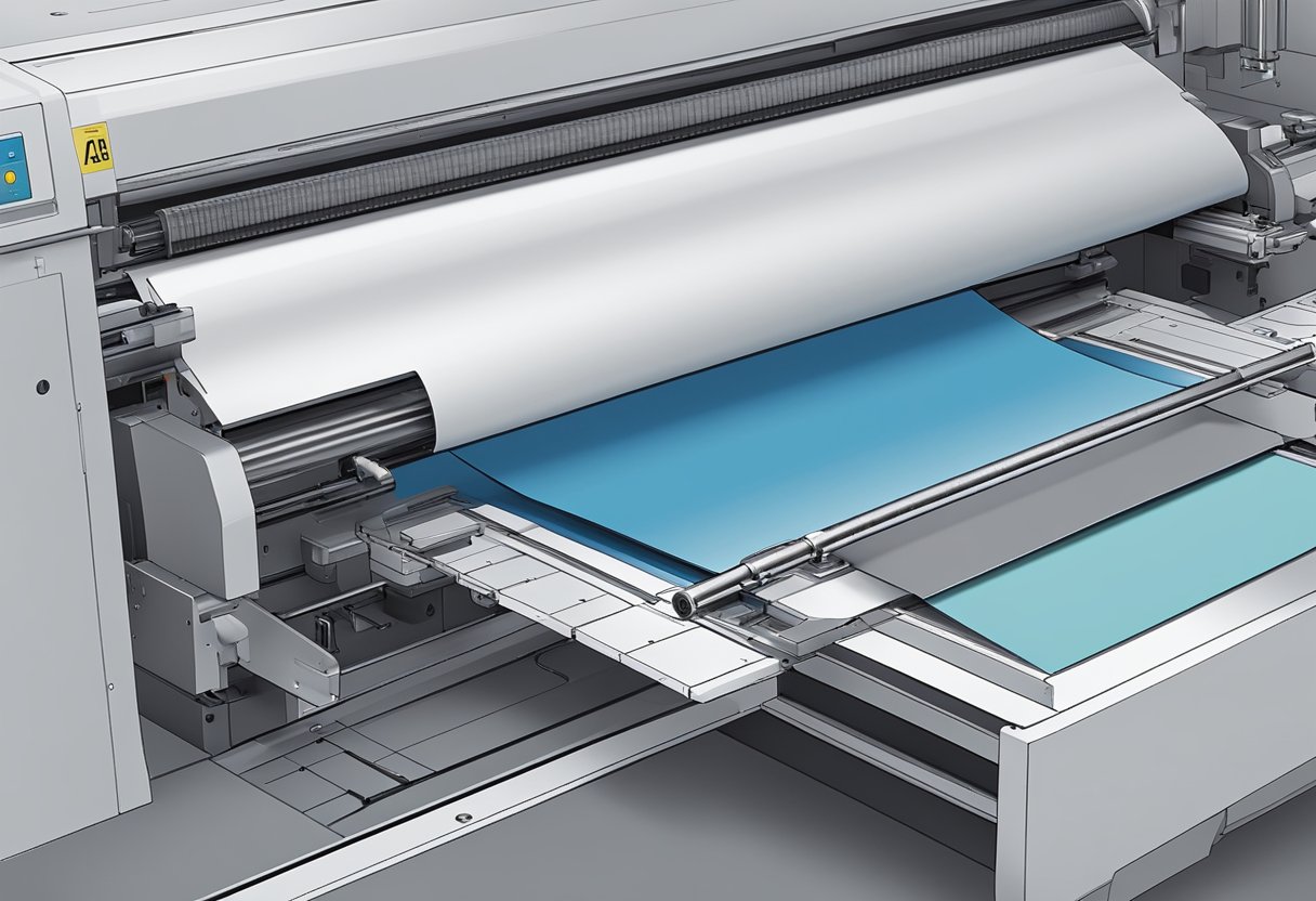 An L-shaped folder being printed on a large industrial printer
