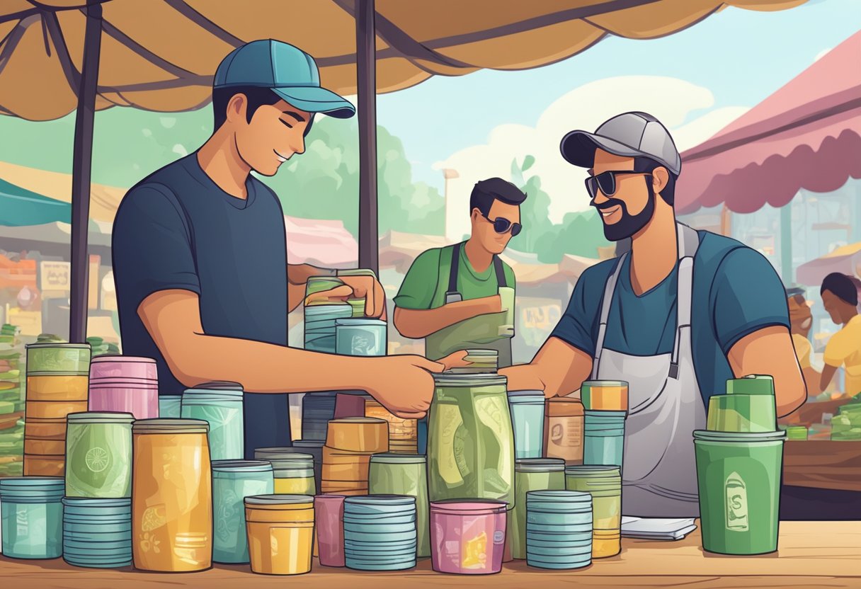 A customer hands over cash to buy a custom tumbler from a seller at a market stall. The seller displays a variety of personalized tumblers on the table