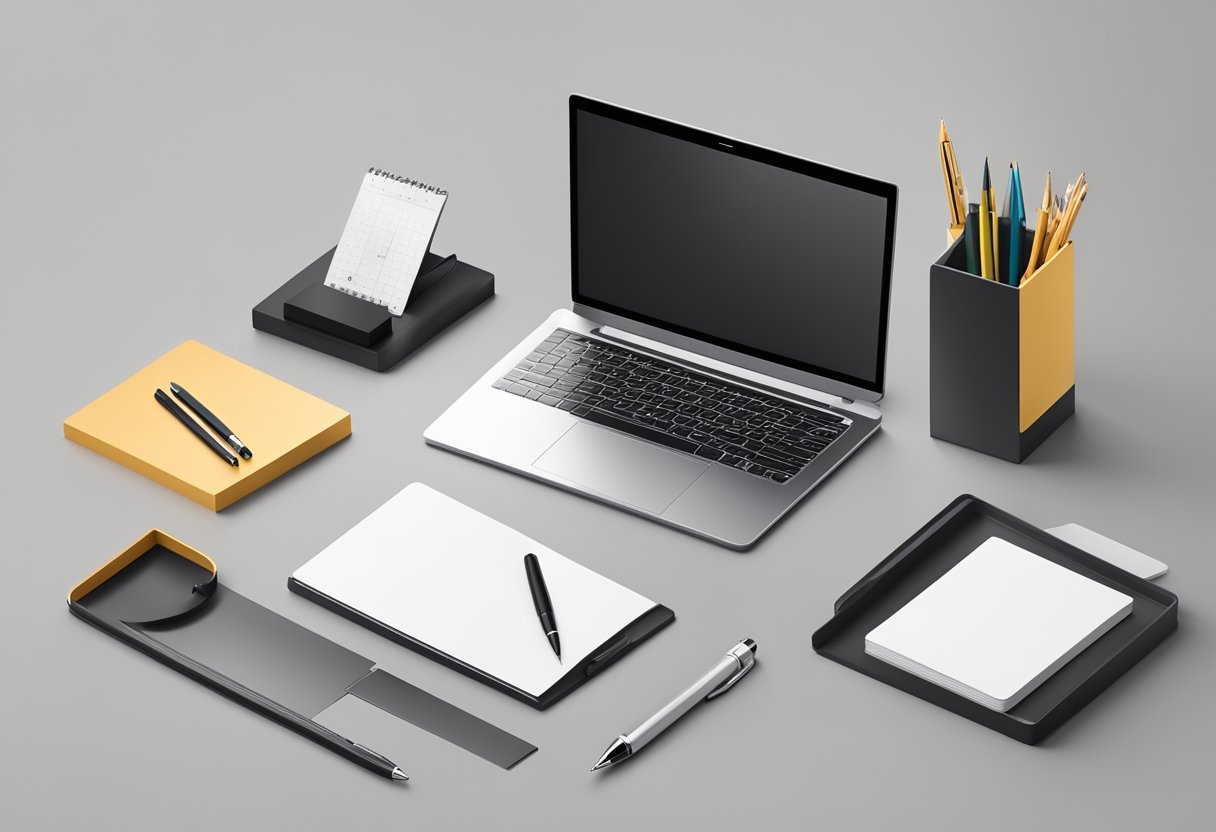 A sleek, modern desk with a high-quality pen holder, branded with a company logo, surrounded by elegant stationery and office supplies