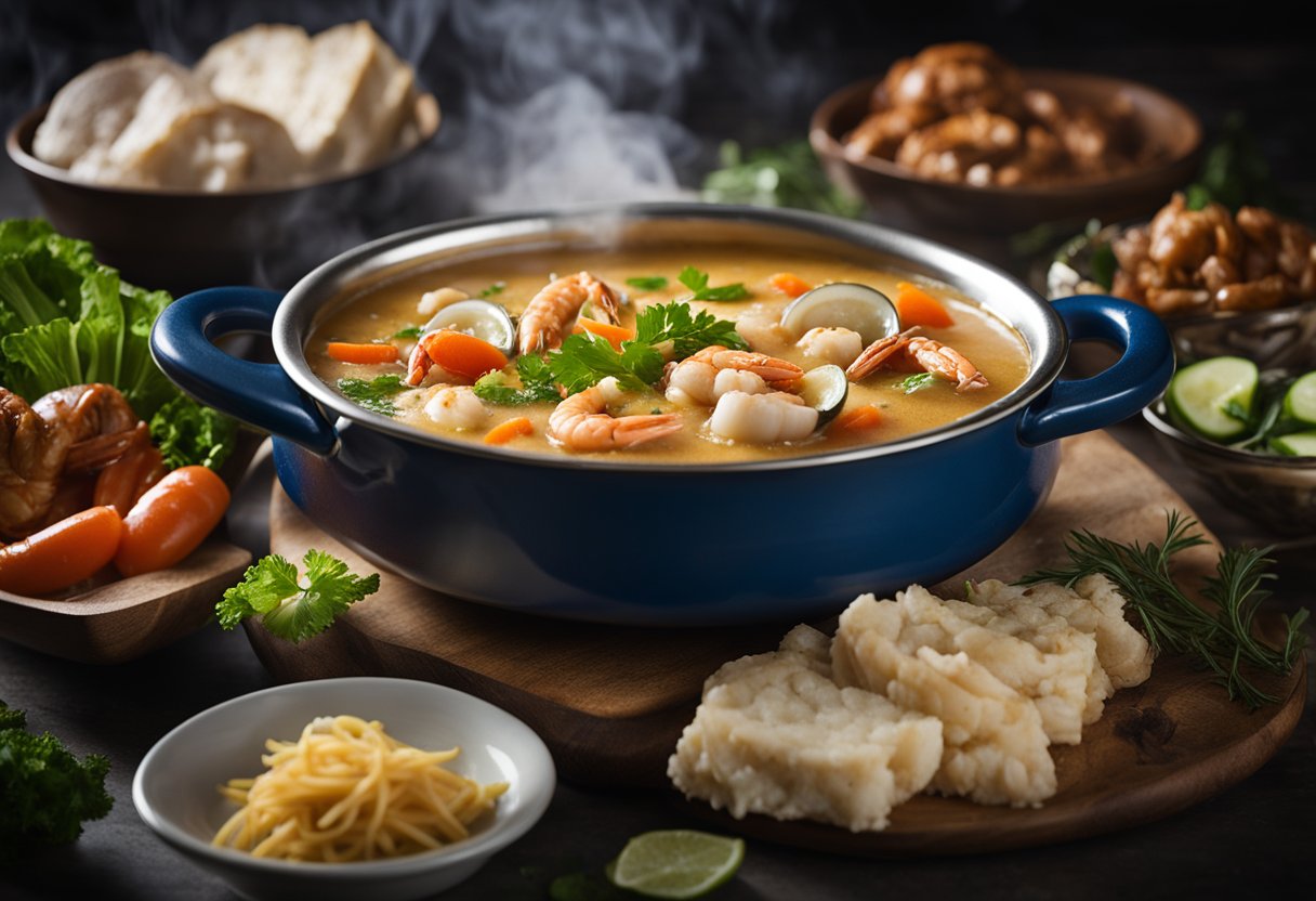 A steaming pot of Old Bay crab soup surrounded by fresh vegetables and seafood, with a recipe book open to the frequently asked questions page