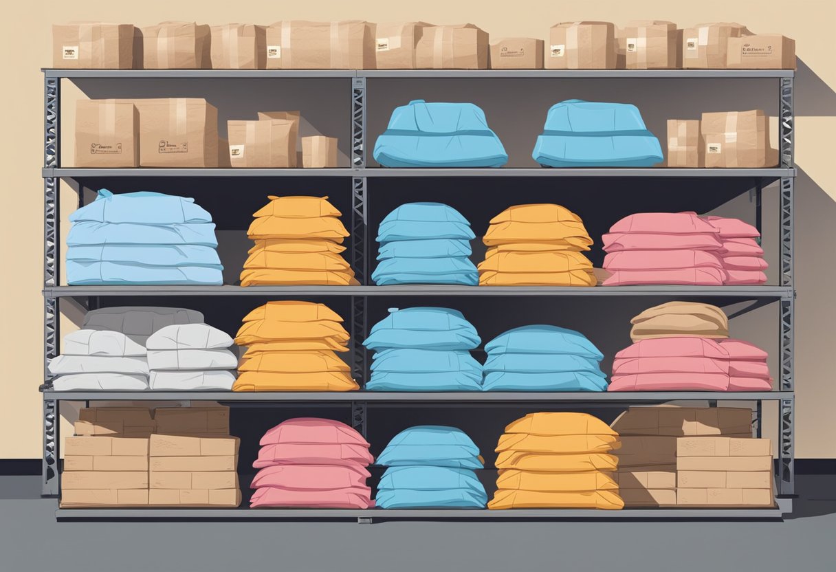 A stack of cotton bags neatly arranged on a warehouse shelf, with the supplier's logo prominently displayed