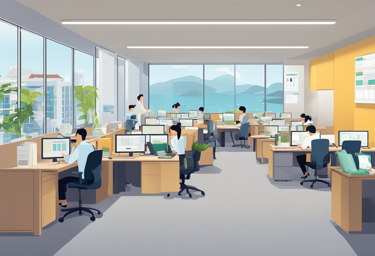 A bustling office with employees answering phone calls and typing on computers, surrounded by shelves of files and documents. The company logo "Frequently Asked Questions orchid seafood llp singapore" is prominently displayed on the wall
