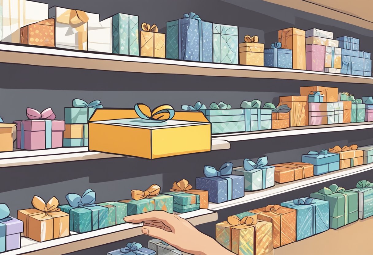 A hand reaches for a small gift box on a store shelf. It is then opened and the contents are taken out for use
