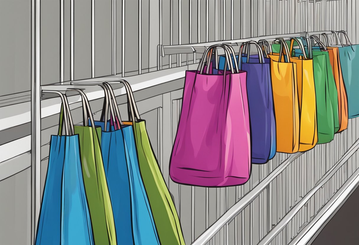 Colorful nylon bags hanging from a rack in a grocery store