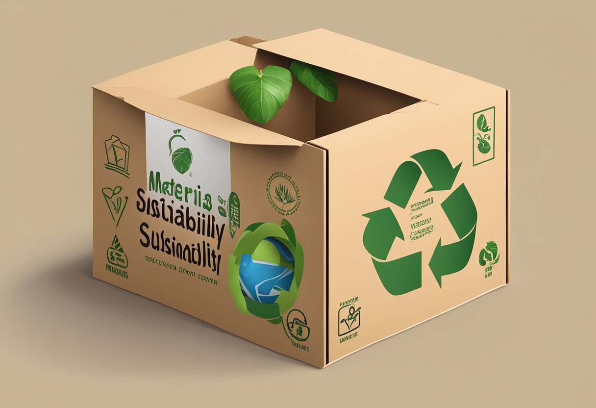 A cardboard packaging box with "Materials and Sustainability" printed on it, surrounded by recyclable materials and eco-friendly symbols