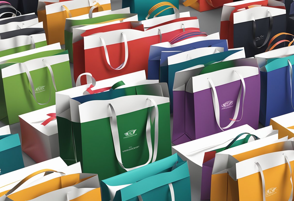A table displays custom corporate gift bags with logo, sleek design, and branded ribbons
