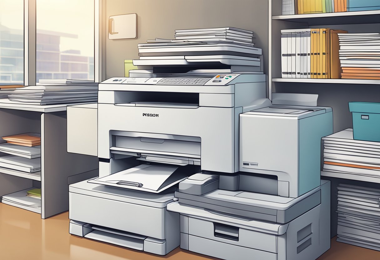 A stack of L shape folders being printed with a printer in a busy office setting