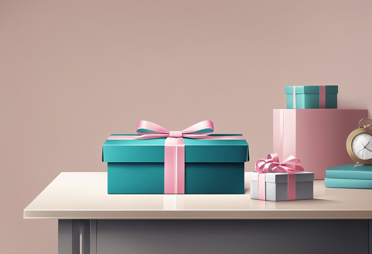A beautifully wrapped gift box with a ribbon and bow, sitting on a sleek and modern desk in a professional office setting