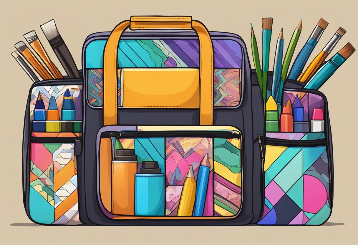 A colorful art bag with custom designs and patterns, filled with paintbrushes, pencils, and art supplies, sitting on a wooden desk