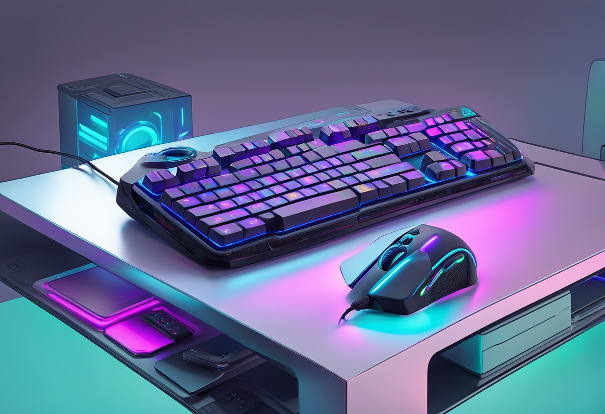 A custom gaming pad sits on a sleek desk, illuminated by colorful LED lights. The pad features intricate designs and buttons, with a futuristic and high-tech aesthetic