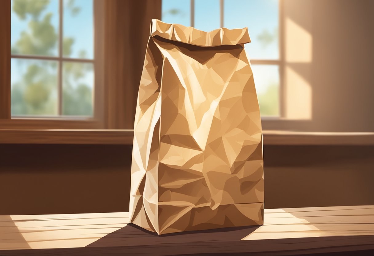 A crumpled paper bag sits on a wooden table, its edges slightly frayed. Sunlight filters through the window, casting soft shadows on the bag's surface