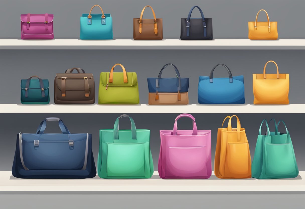 Various nylon bags displayed in a store, including tote, messenger, and backpack styles. Some bags are being used for groceries, while others are carried by commuters