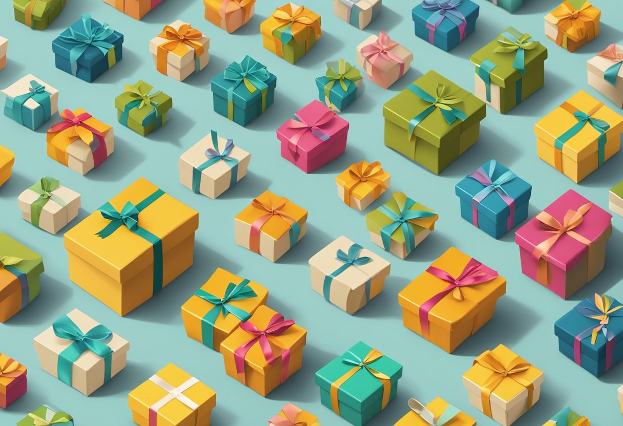 Several small gift boxes arranged neatly on a table with a "Frequently Asked Questions" sign nearby