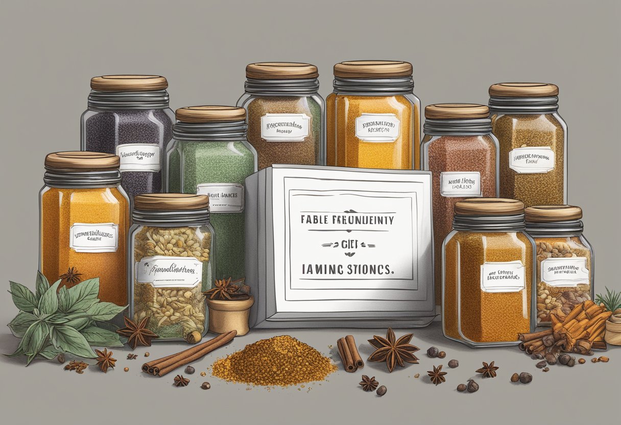 A table adorned with various spice jars and a corporate gift box with "Frequently Asked Questions" printed on it