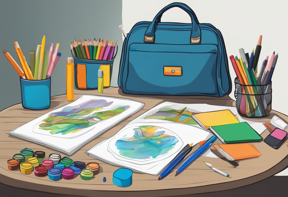 A table with various art supplies and a blank art bag. Customizable patches and fabric markers are nearby