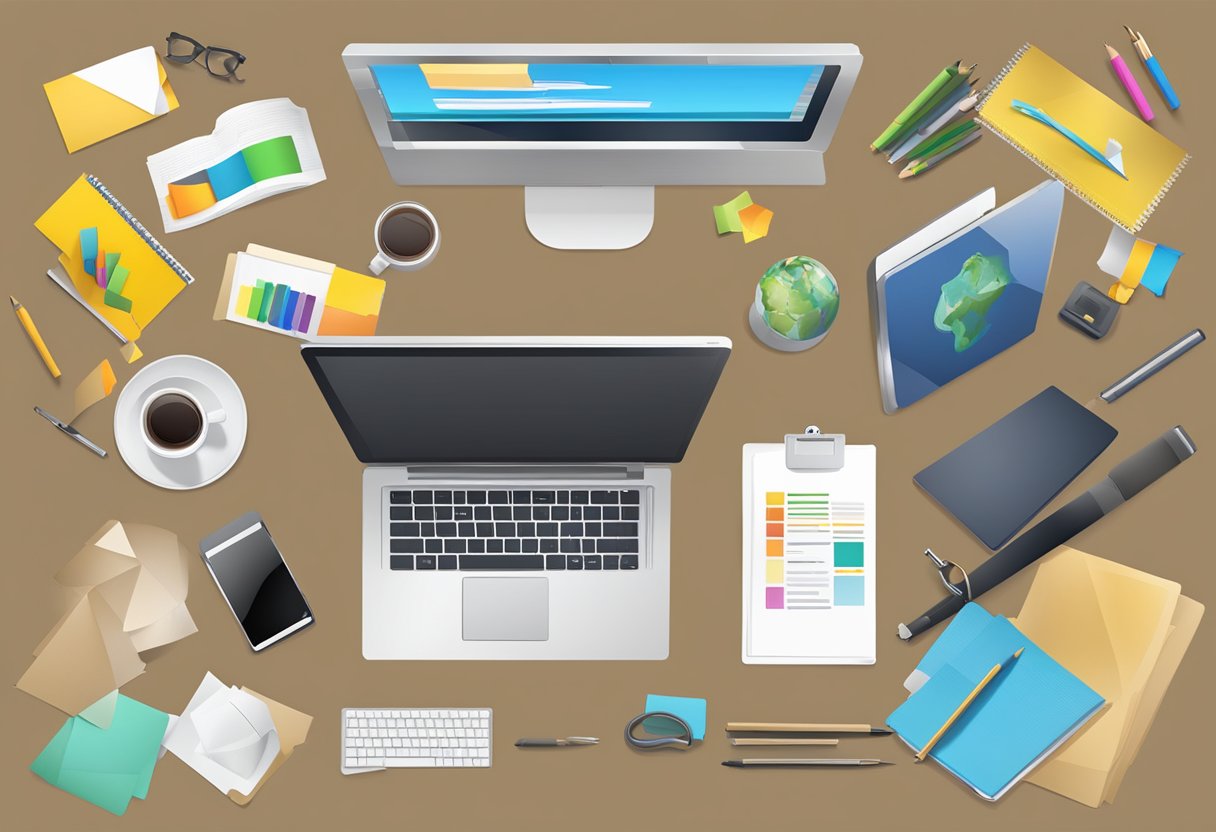 A table with various logo designs, a computer, and design tools