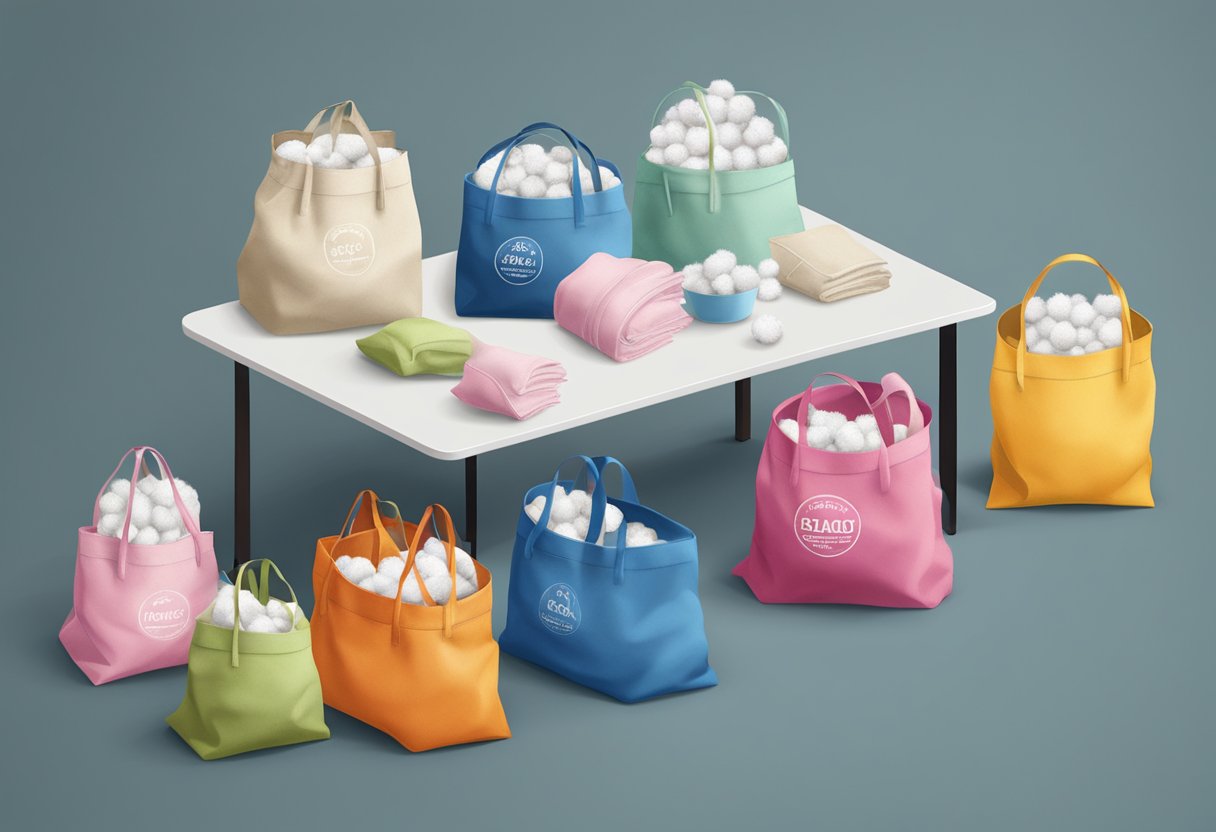 A table with various cotton bags in different colors and sizes, with branding options displayed