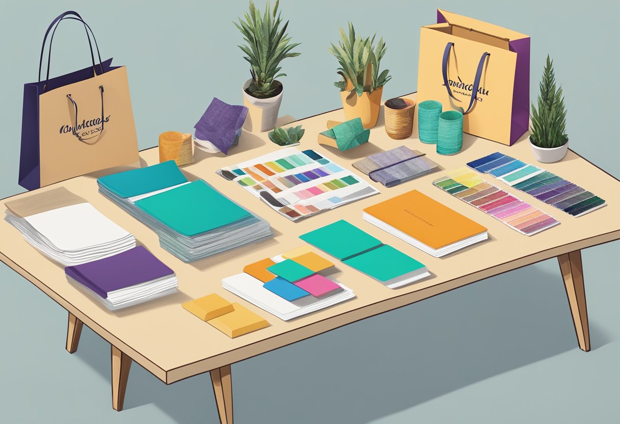 A table with various gift bag designs, logo samples, and color swatches spread out for selection