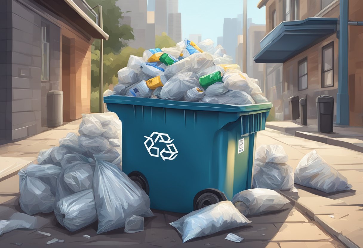 A pile of discarded nylon bags lies next to overflowing trash bins, surrounded by littered plastic bottles and wrappers