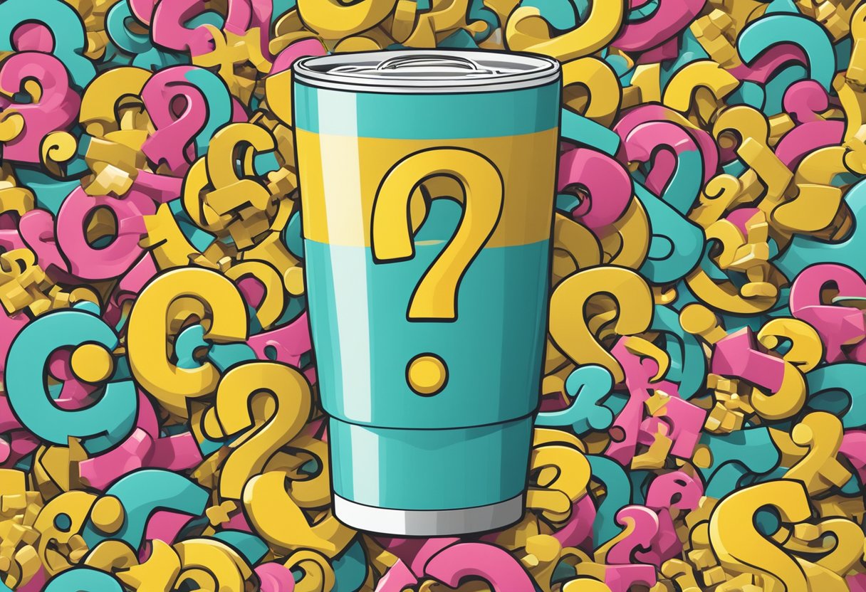 A customized tumbler surrounded by question marks and a spotlight