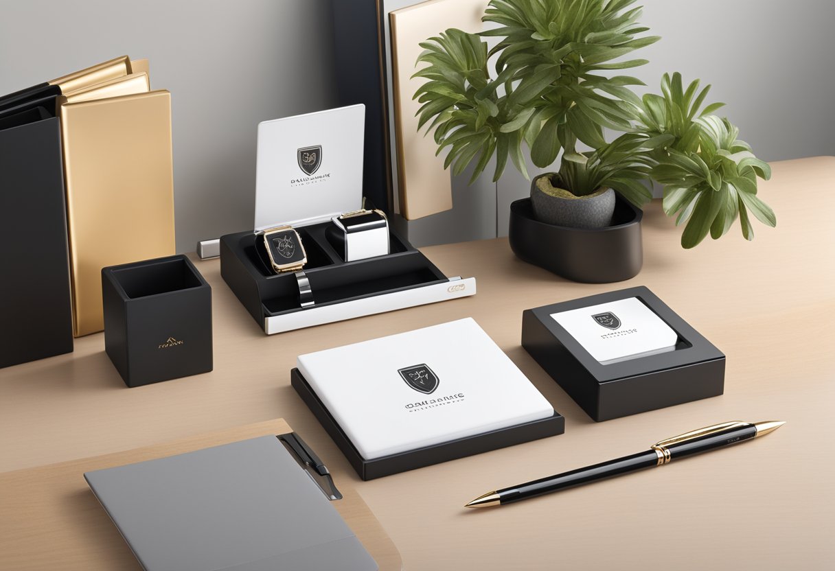 A sleek, modern pen holder sits on a polished desk, surrounded by other high-end corporate gifts. The holder is engraved with the company's logo, and the presentation is clean and professional