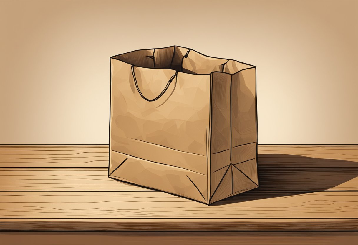 A brown paper bag sits on a wooden table, crinkled and slightly worn. Its edges are folded neatly, and it casts a soft shadow in the warm light