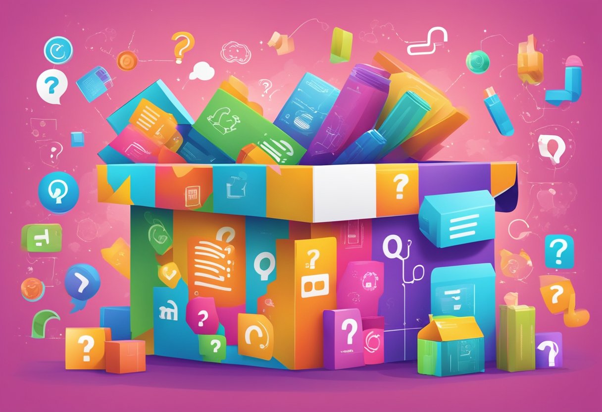 A bright, colorful packaging box with "Frequently Asked Questions" prominently displayed in bold lettering. Various question marks and helpful icons surround the text