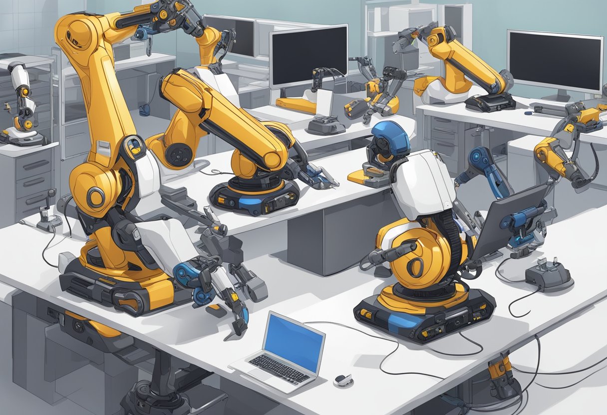 Robotic arms assemble custom gaming pads while a team of technicians troubleshoots and tests products for quality assurance