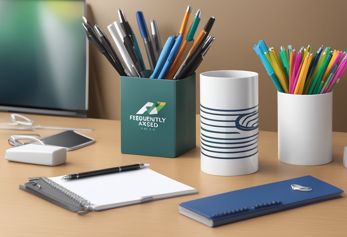 A sleek pen holder adorned with "Frequently Asked Questions" logo, surrounded by corporate gifts in a modern office setting