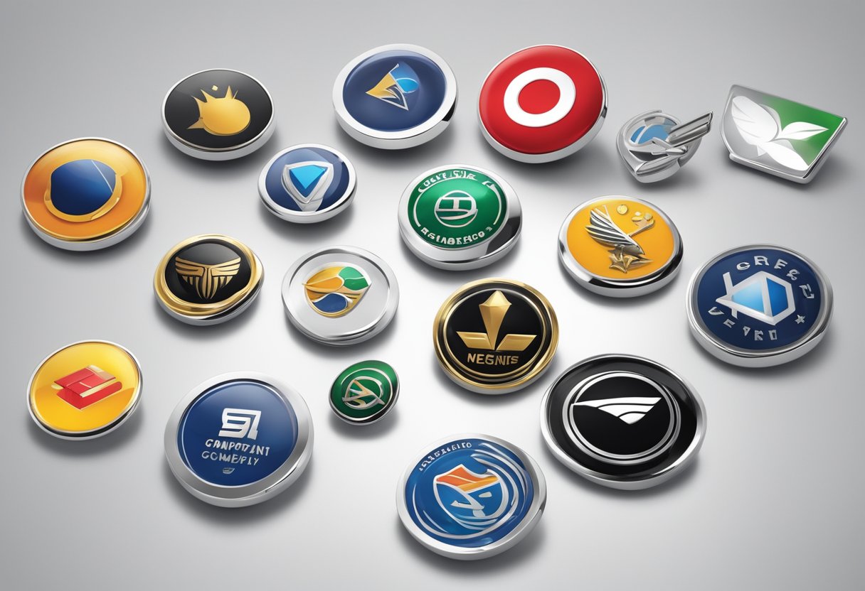 Several corporate logo pins arranged on a sleek, modern desk. The pins are shiny and feature various company logos
