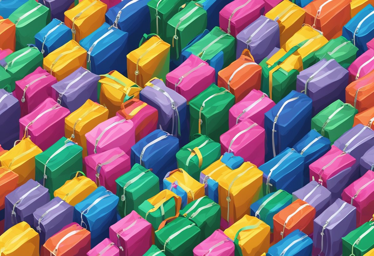 A stack of colorful nylon bags with "Frequently Asked Questions" printed on them