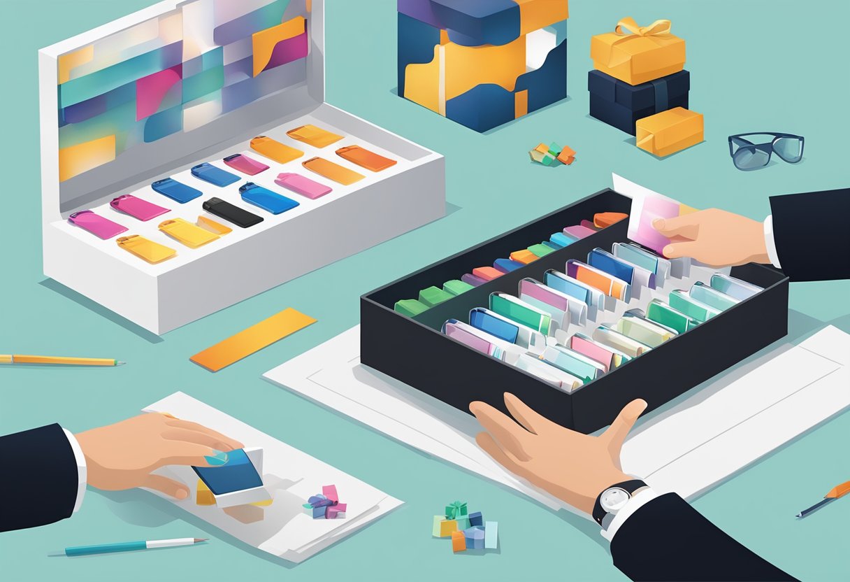 A hand reaches out to carefully select a sleek, branded corporate gift from a display of options