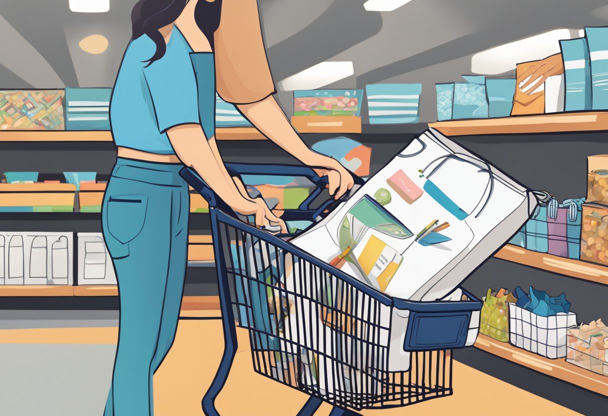 A hand reaches for a personalized art bag on a store shelf, then carefully places it in a shopping cart. At home, the art bag is gently unpacked and placed on a clean, organized art table