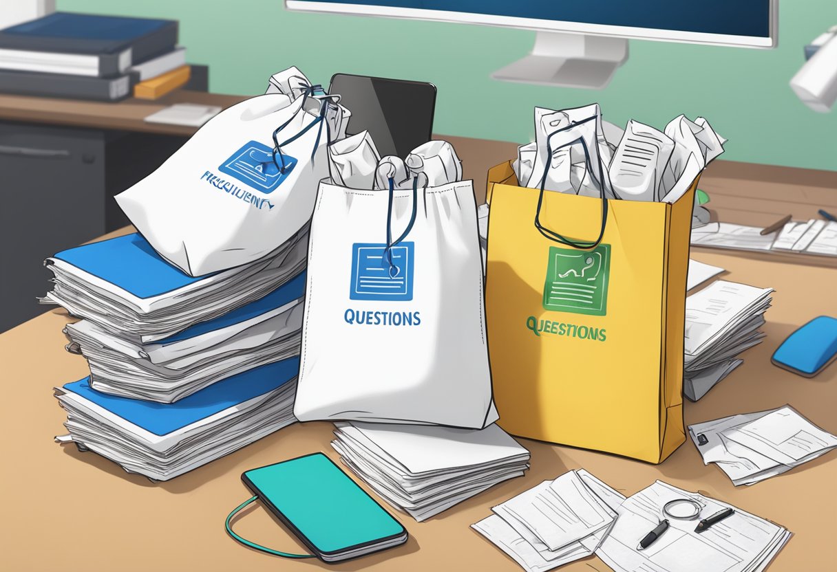 A stack of cotton bags with "Frequently Asked Questions" printed on them, surrounded by various question marks and a customer service representative's desk
