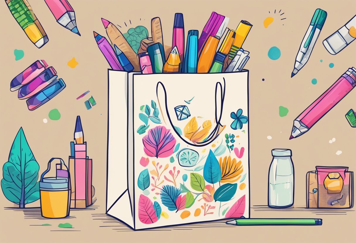 A hand reaches for a plain paper bag, adding colorful designs and customizations with markers and stickers