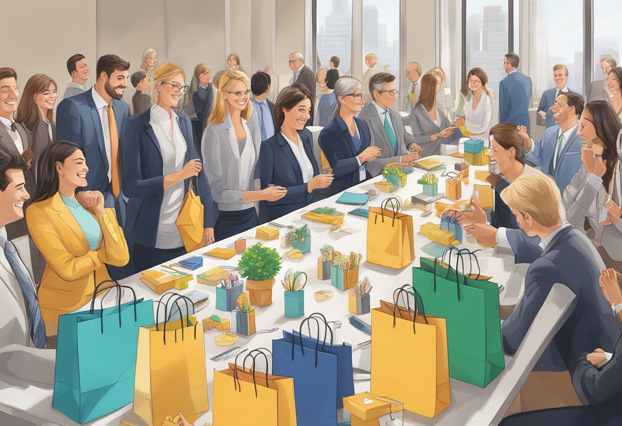 A table adorned with custom corporate gift bags, surrounded by smiling clients and business partners