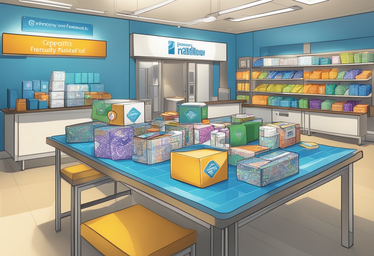 A table with various corporate gifts displayed, each featuring a company logo. Bright lighting highlights the products, while a sign reads "Frequently Asked Questions" in the background