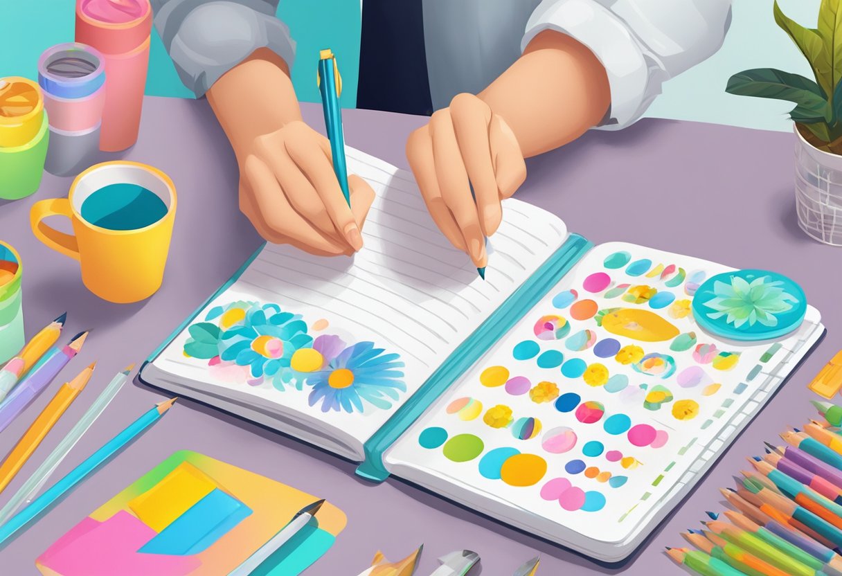 A person decorates a notebook with colorful stickers and personalized designs